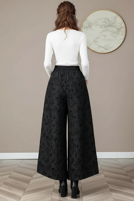Pantalon Noir Ample Jacquard Rétro Élégant Femme - Maille - vue 2
