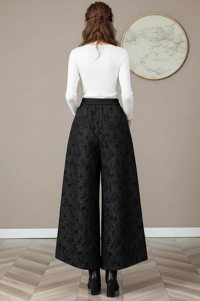 Pantalon Noir Ample Jacquard Rétro Élégant Femme - Maille - vue 2
