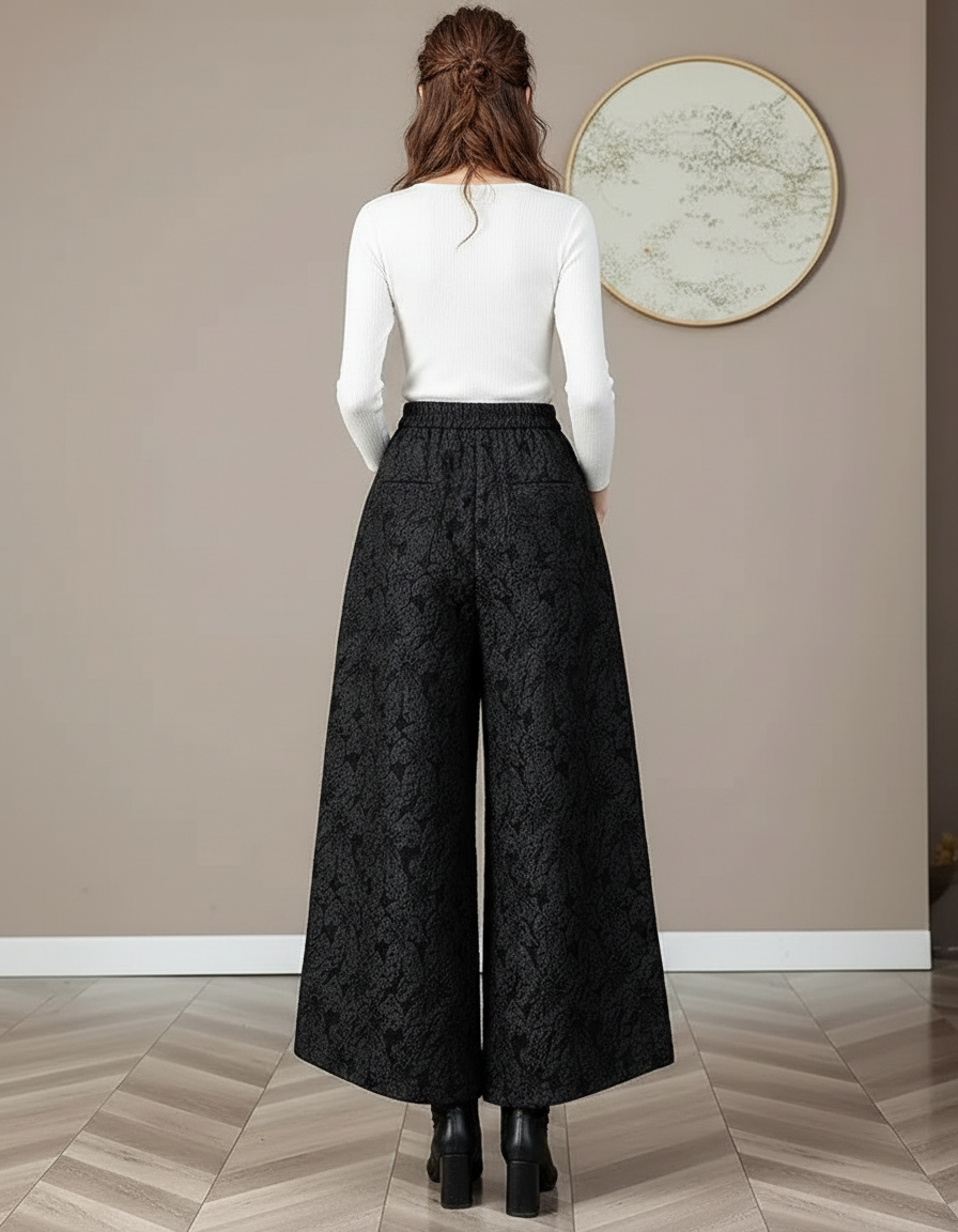 Pantalon Noir Ample Jacquard Rétro Élégant Femme - Maille - vue 2