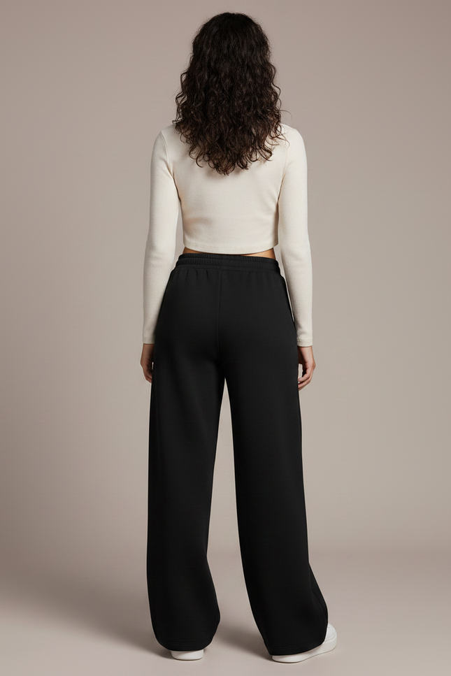 Pantalon Noir Ample Confortable Taille Haute Décontracté - Molleton - vue 2