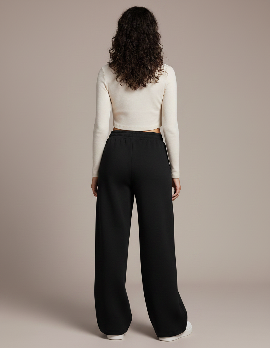 Pantalon Noir Ample Confortable Taille Haute Décontracté - Molleton - vue 2