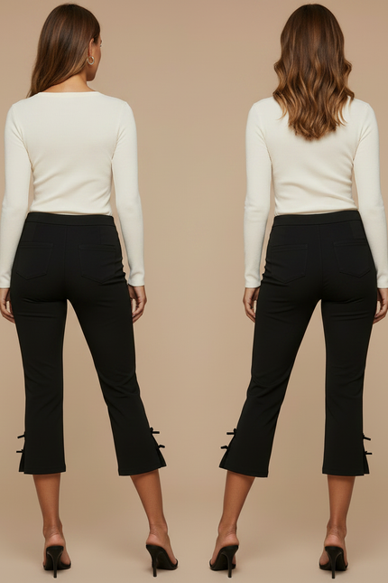 Pantalon Noir Capri Slim Fendu Nœuds Femme - Maille - vue 2