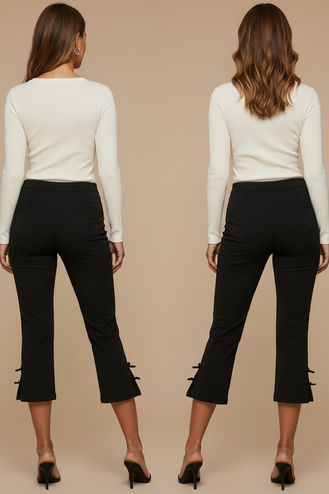 Pantalon Noir Capri Slim Fendu Nœuds Femme - Maille - vue 2