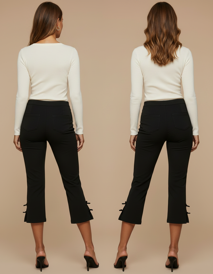 Pantalon Noir Capri Slim Fendu Nœuds Femme - Maille - vue 2