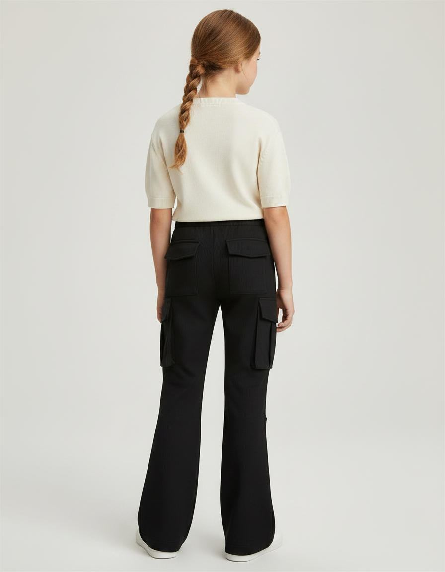 Pantalon Noir Cargo Ample Côtelé Fille - Cordé - vue 2