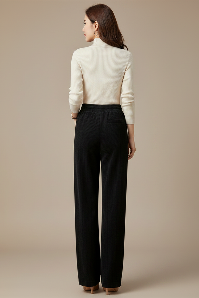 Pantalon Noir Côtelé Ample Décontracté Cordon Élastique - Cordé - vue 2