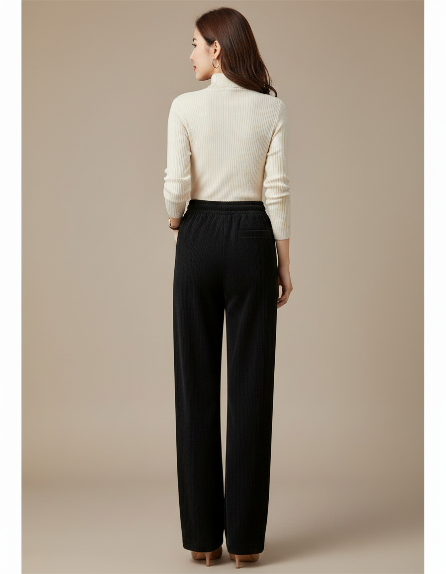 Pantalon Noir Côtelé Ample Décontracté Cordon Élastique - Cordé - vue 2