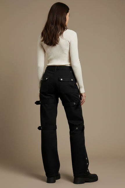 Pantalon Noir Cargo Boucles Y2K Streetwear Ample - Toile - vue 2