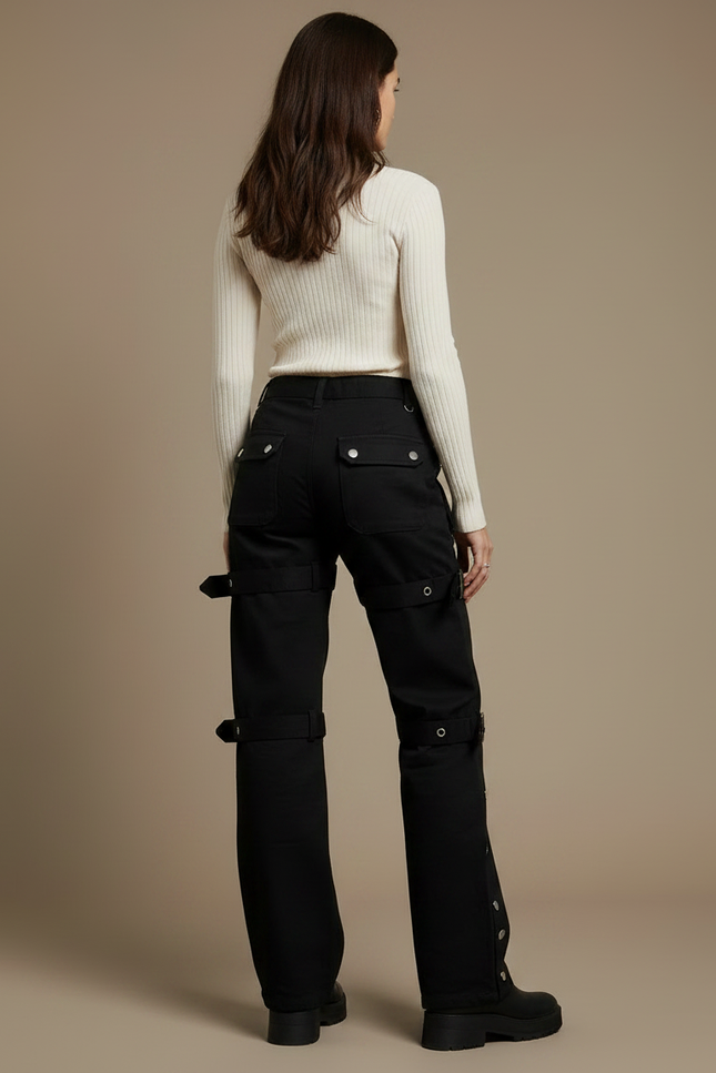 Pantalon Noir Cargo Boucles Y2K Streetwear Ample - Toile - vue 2