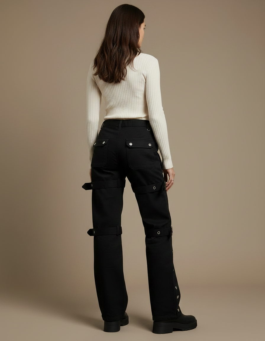 Pantalon Noir Cargo Boucles Y2K Streetwear Ample - Toile - vue 2