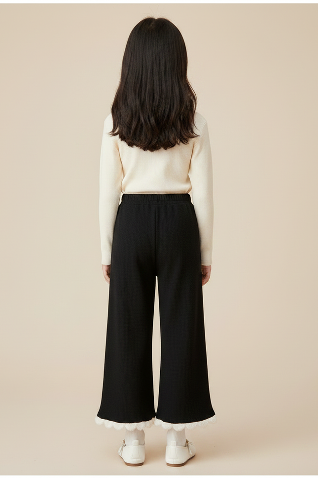 Pantalon Noir Fille Côtelé Ample Cœurs Dentelle - Maille - vue 2