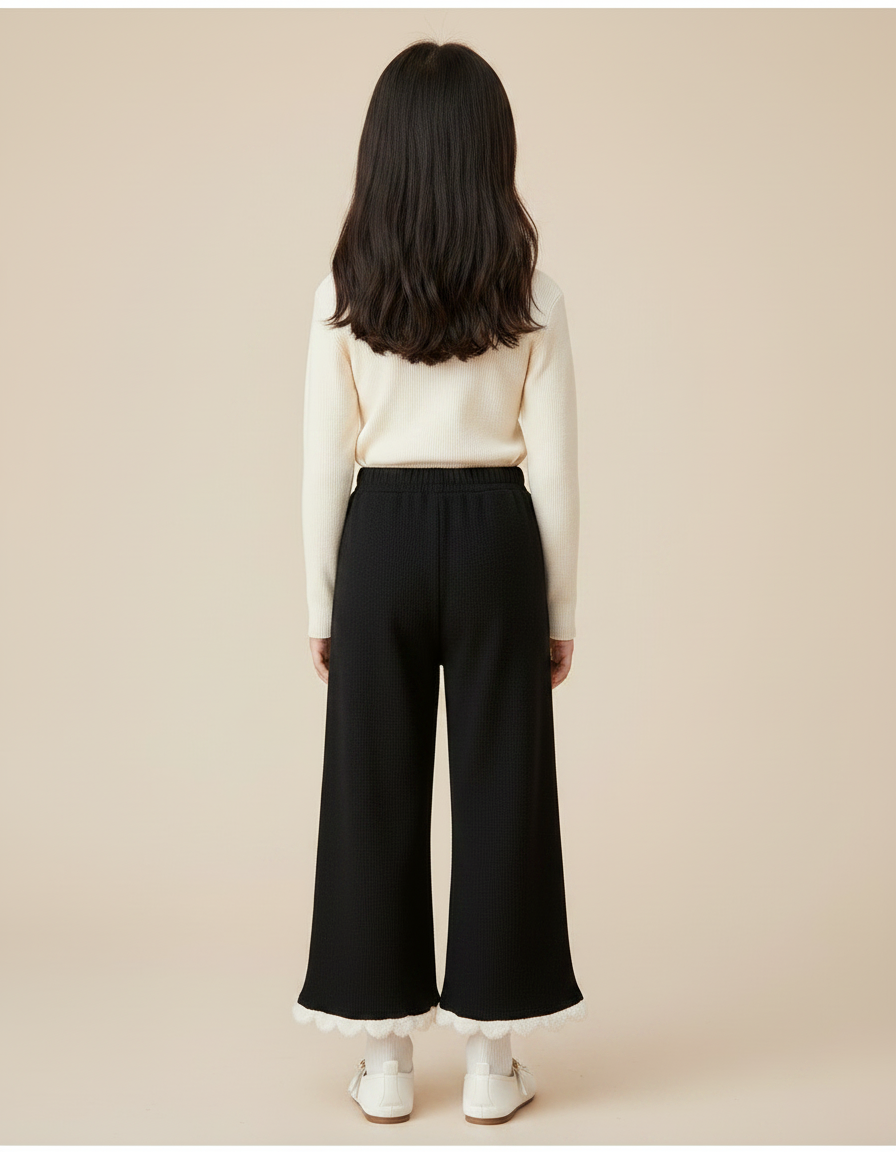 Pantalon Noir Fille Côtelé Ample Cœurs Dentelle - Maille - vue 2