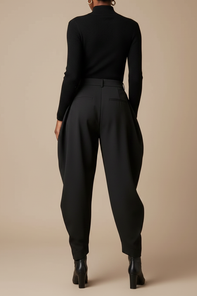 Pantalon Noir Plissé Ample Taille Haute Élégant Femme - Polyester - vue 2