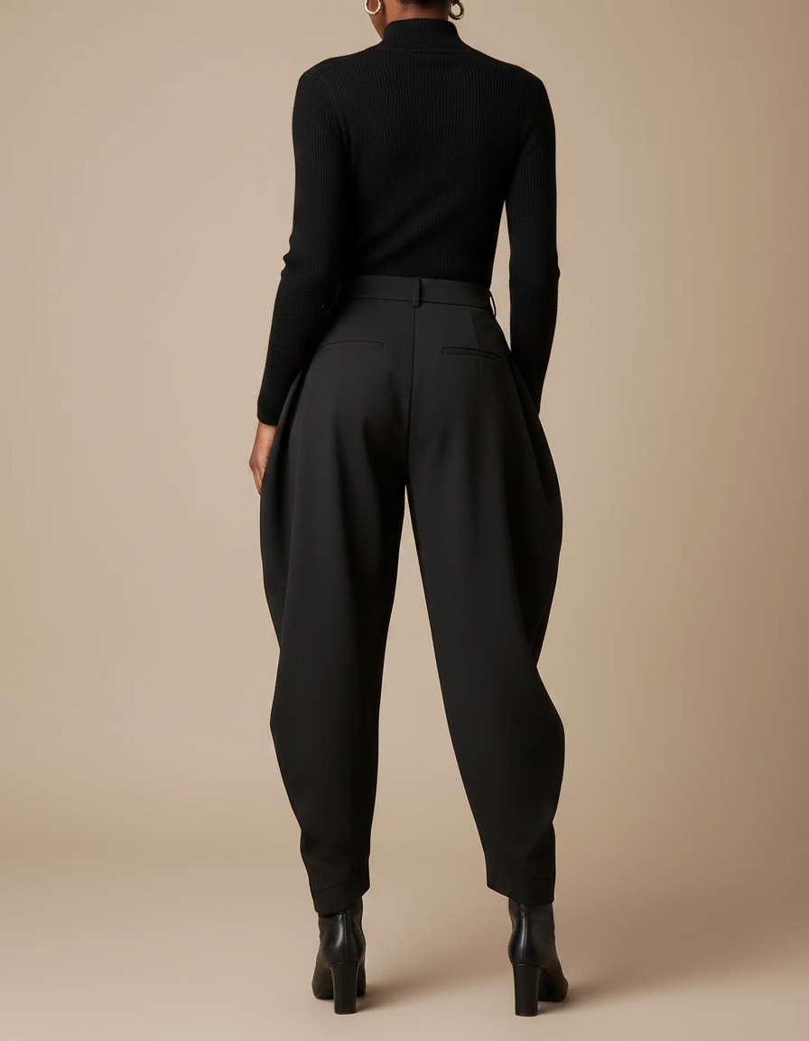 Pantalon Noir Plissé Ample Taille Haute Élégant Femme - Polyester - vue 2