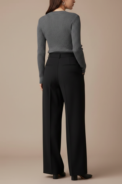 Pantalon Noir Taille Haute Plissé Large Femme - Gabardine - vue 2