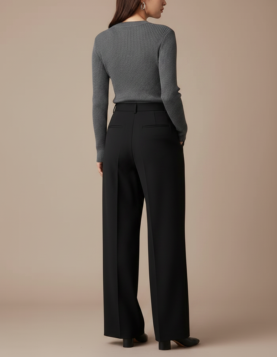 Pantalon Noir Taille Haute Plissé Large Femme - Gabardine - vue 2