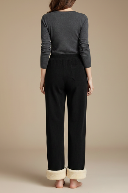 Pantalon Noir Doublé Polaire Ample Hiver Femme - Cordé - vue 2