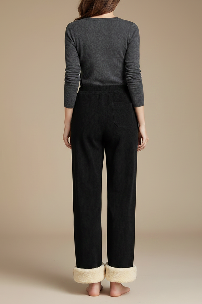 Pantalon Noir Doublé Polaire Ample Hiver Femme - Cordé - vue 2