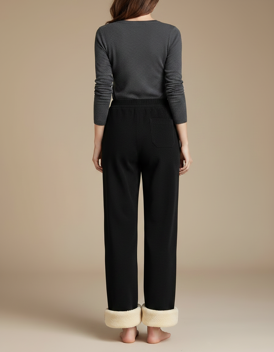 Pantalon Noir Doublé Polaire Ample Hiver Femme - Cordé - vue 2