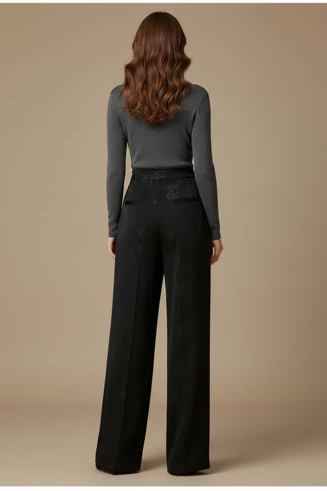 Pantalon Noir Jacquard Ample Fluide Satin Femme - vue 2