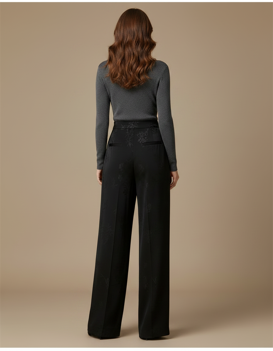 Pantalon Noir Jacquard Ample Fluide Satin Femme - vue 2