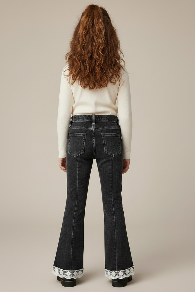 Pantalon Noir Évasé Dentelle Perles Enfant - Jean - vue 2