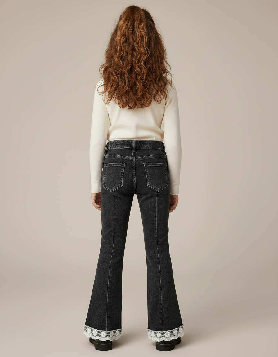 Pantalon Noir Évasé Dentelle Perles Enfant - Jean - vue 2