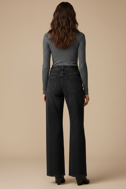 Pantalon Noir Évasé Paillettes Taille Haute Femme - Jean - vue 2