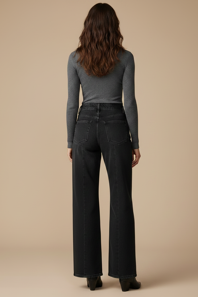 Pantalon Noir Évasé Paillettes Taille Haute Femme - Jean - vue 2