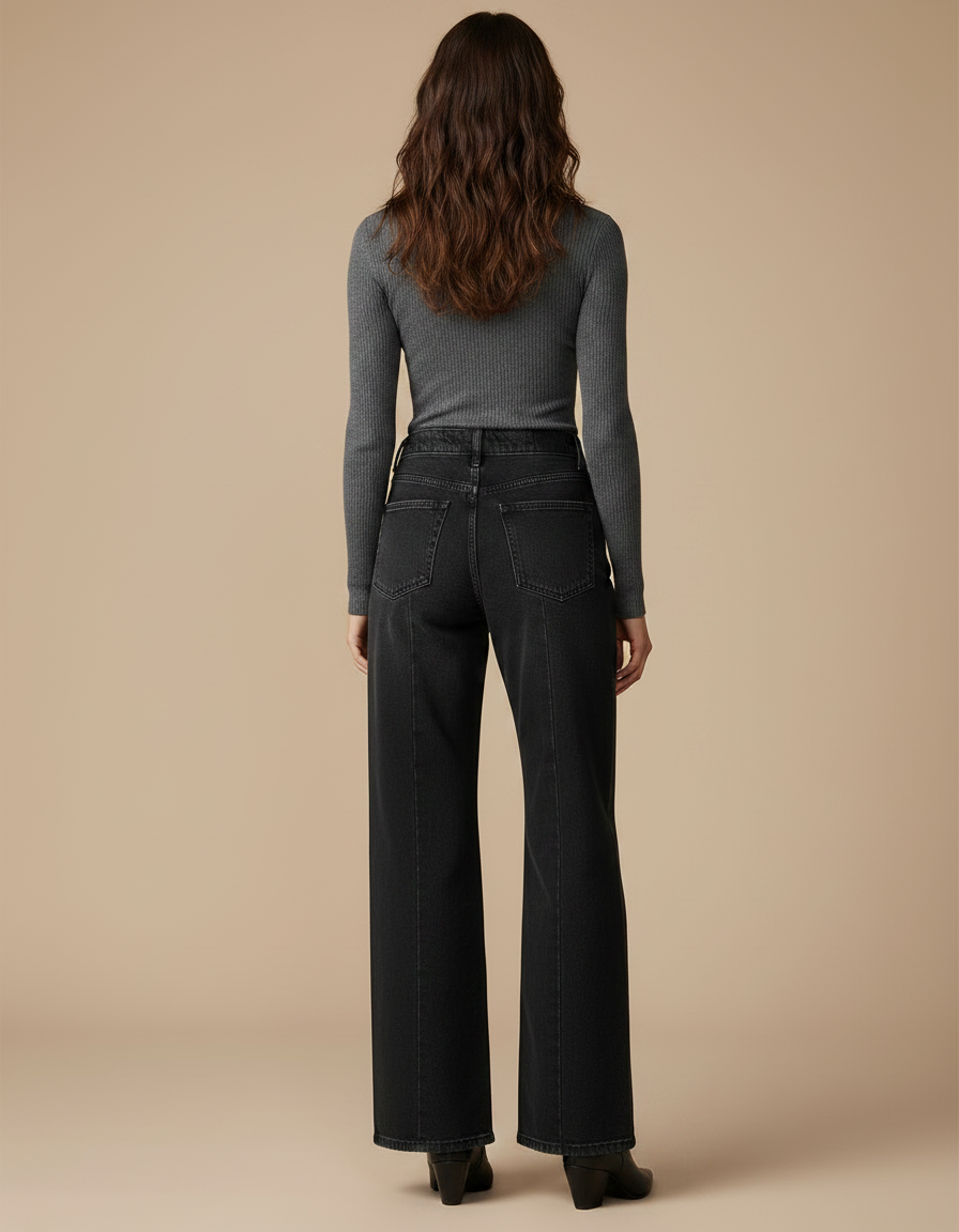 Pantalon Noir Évasé Paillettes Taille Haute Femme - Jean - vue 2