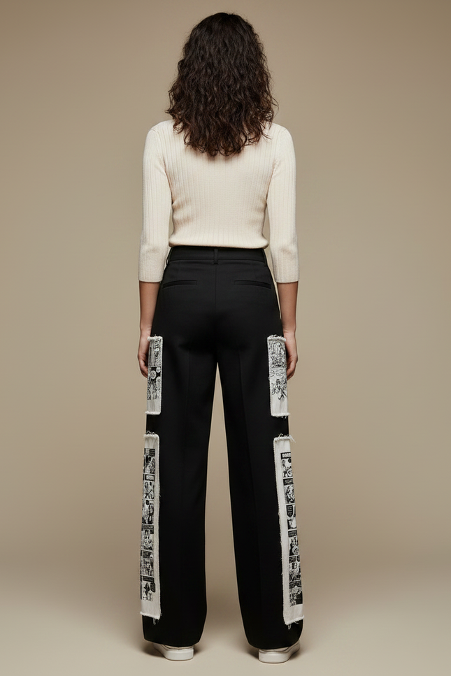 Pantalon Noir Large Imprimé Bande Dessinée Taille Haute - Gabardine - vue 2