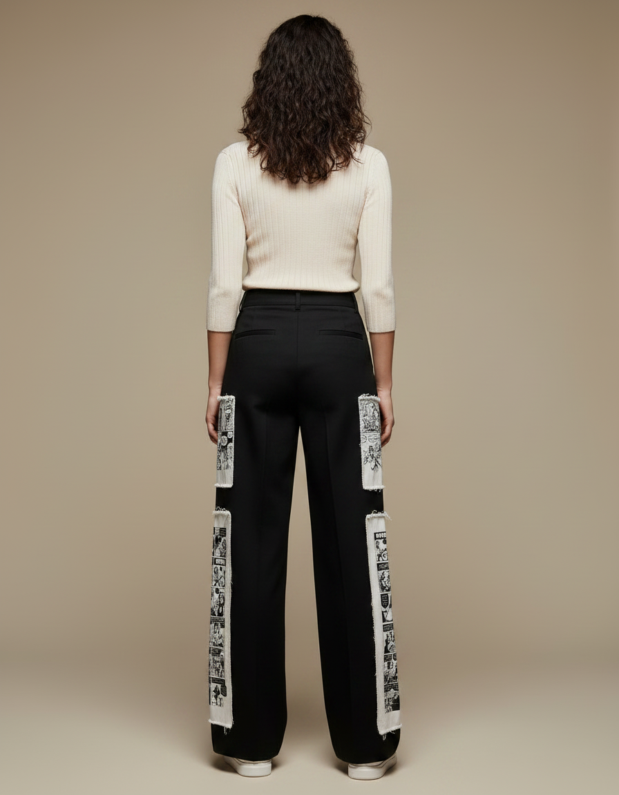 Pantalon Noir Large Imprimé Bande Dessinée Taille Haute - Gabardine - vue 2