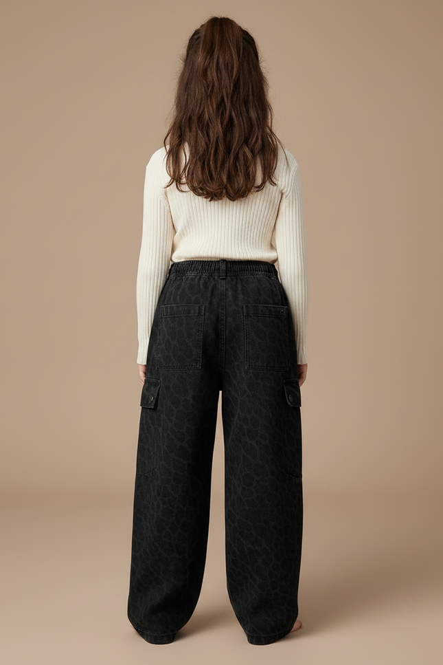 Pantalon Noir Cargo Ample Motif Léopard Fille - Jean - vue 2