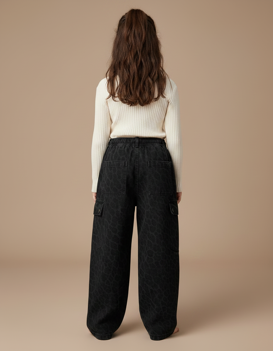 Pantalon Noir Cargo Ample Motif Léopard Fille - Jean - vue 2