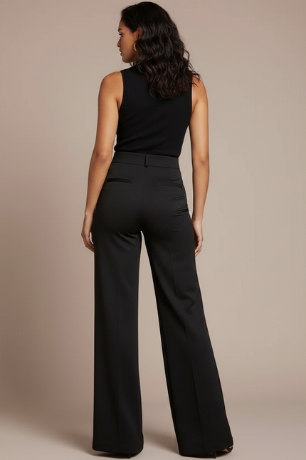 Pantalon Noir Évasé Taille Haute Boutons Dorés - Polyester - vue 2