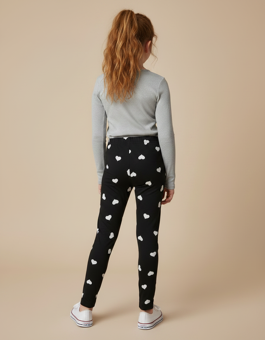 Pantalon Noir Cœurs Blancs Extensible Fille - Maille - vue 2