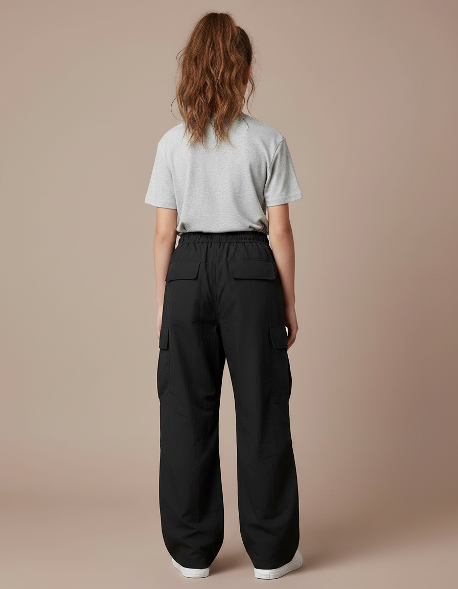 Pantalon Noir Cargo Ample Fille Décontracté Léger - Polyester - vue 2