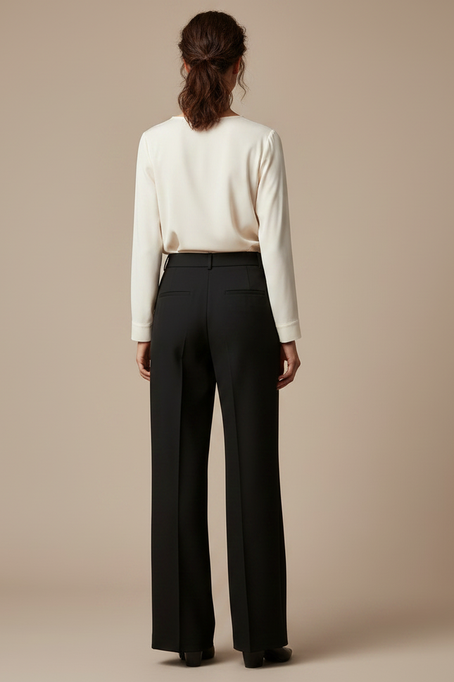 Pantalon Noir Large Fluide Élégant Taille Haute - Polyester - vue 2