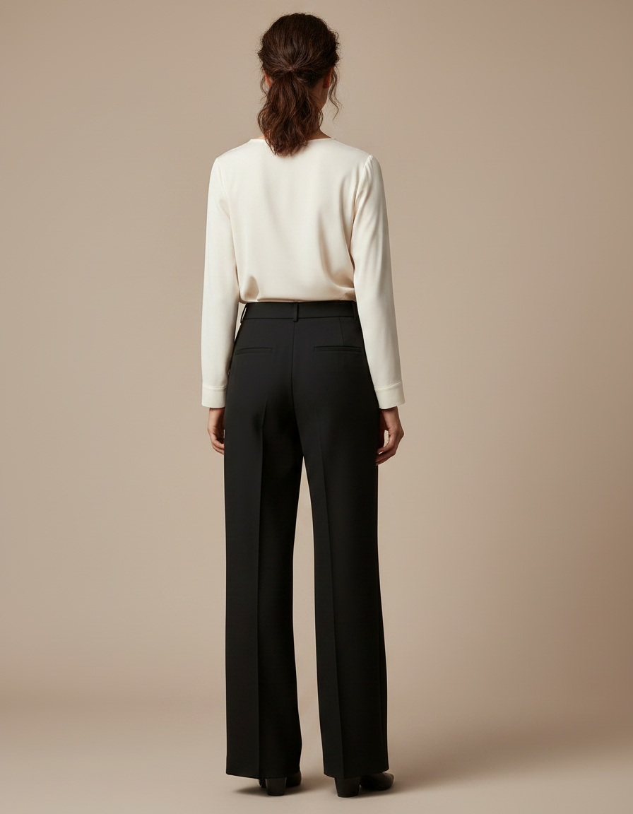 Pantalon Noir Large Fluide Élégant Taille Haute - Polyester - vue 2