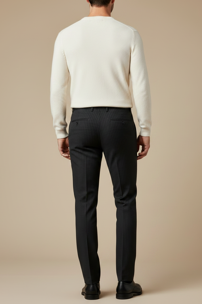Pantalon Noir Rayé Habillé Élégant Homme Droit - Laine - vue 2