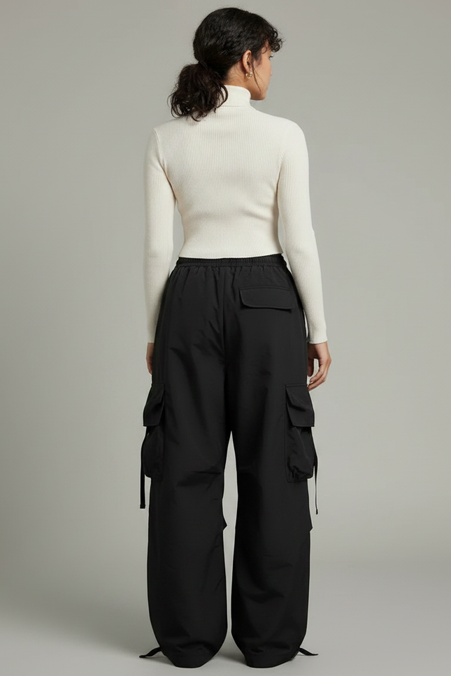 Pantalon Noir Cargo Ample Streetwear Femme - Polyester - vue 2