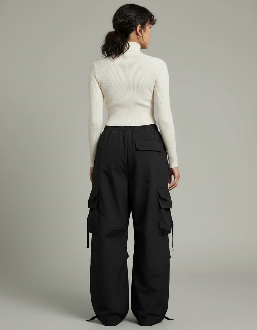 Pantalon Noir Cargo Ample Streetwear Femme - Polyester - vue 2