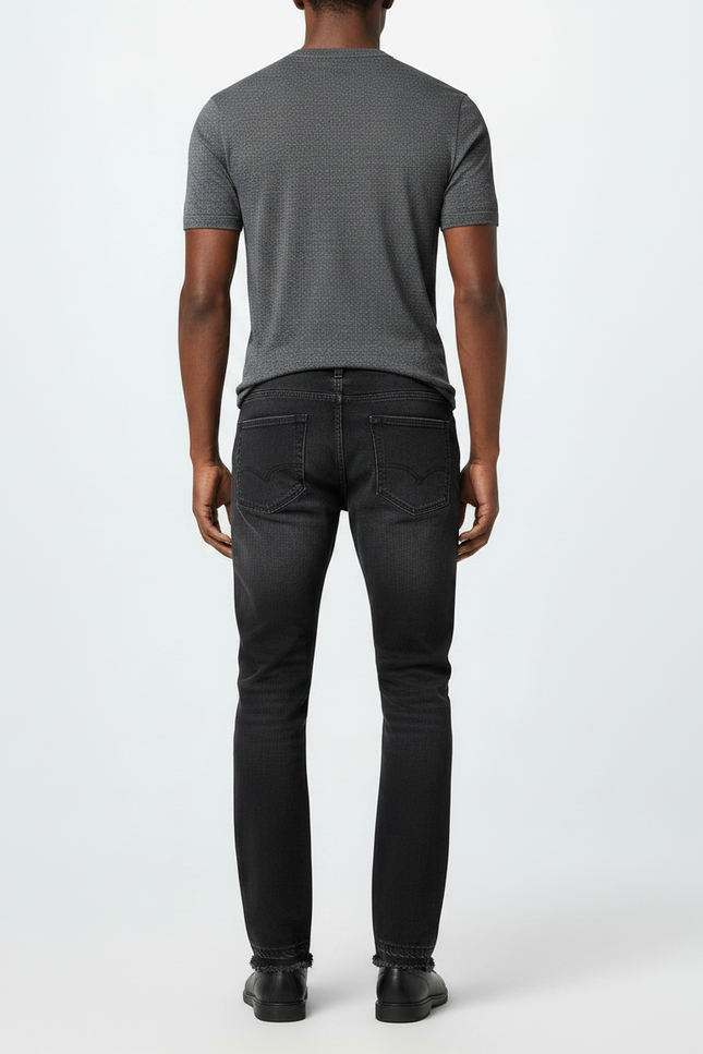 Pantalon Noir Délavé Droit Effiloché Décontracté Homme - Jean - vue 2