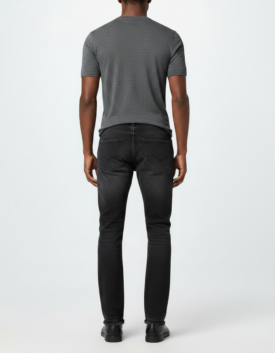 Pantalon Noir Délavé Droit Effiloché Décontracté Homme - Jean - vue 2