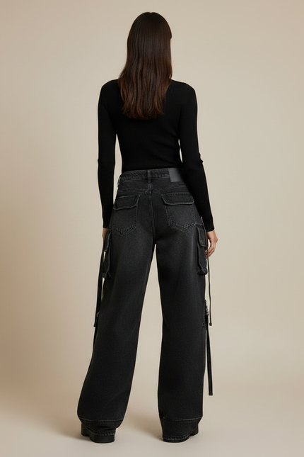 Pantalon Noir Cargo Baggy Denim Y2K Zippé - Jean - vue 2