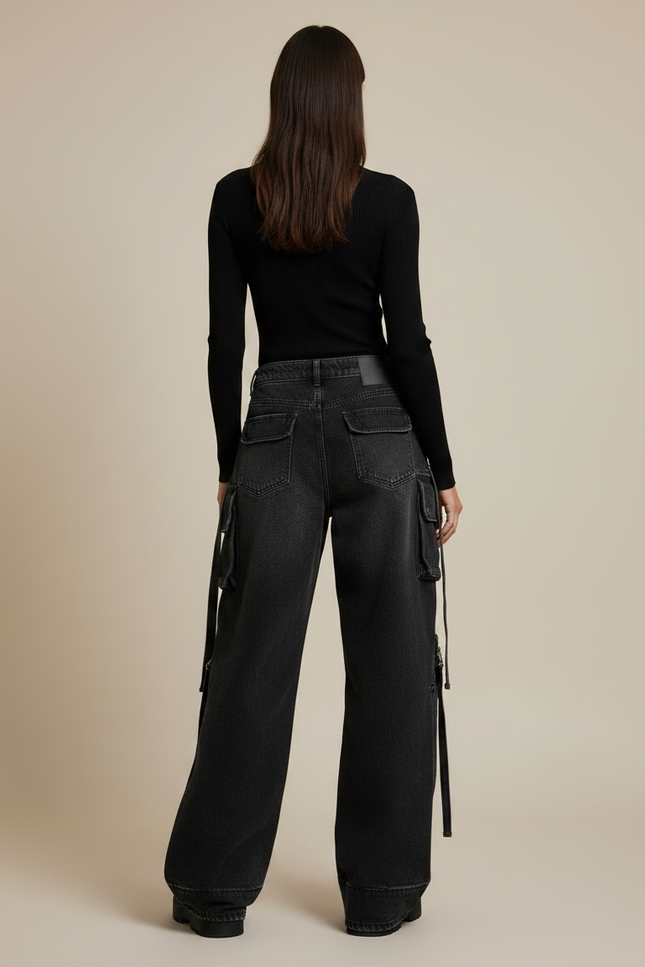 Pantalon Noir Cargo Baggy Denim Y2K Zippé - Jean - vue 2