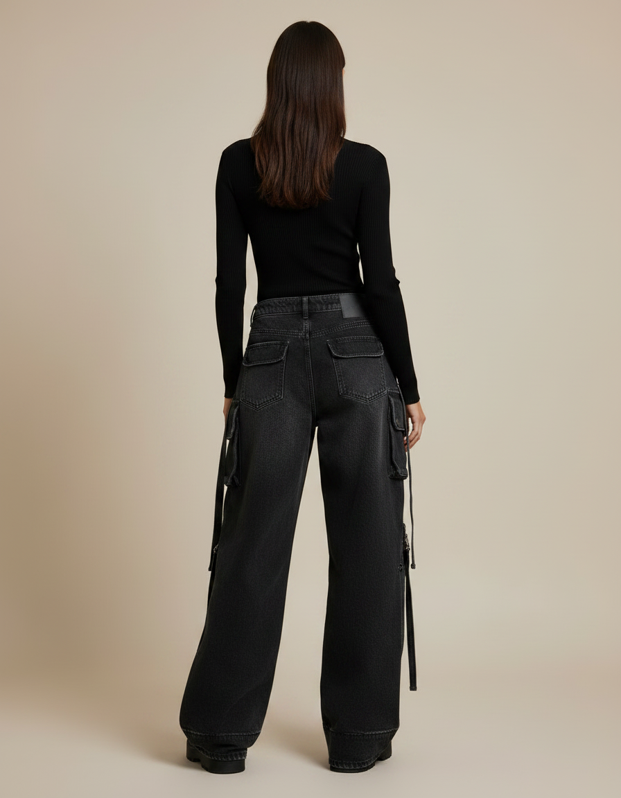Pantalon Noir Cargo Baggy Denim Y2K Zippé - Jean - vue 2