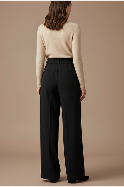 Pantalon Noir Large Plissé Taille Haute Femme - Polyester - vue 2