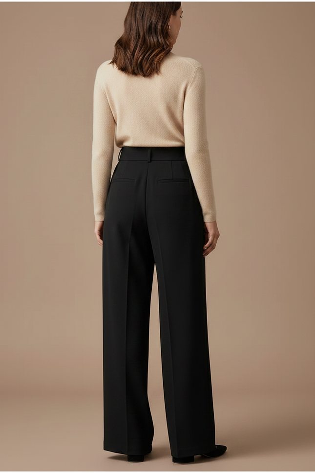 Pantalon Noir Large Plissé Taille Haute Femme - Polyester - vue 2