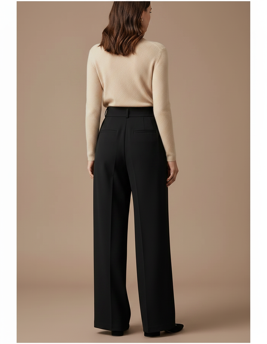 Pantalon Noir Large Plissé Taille Haute Femme - Polyester - vue 2